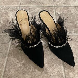 Antonio Melani x Nicole Bathie Black Heeled Feathered Mules